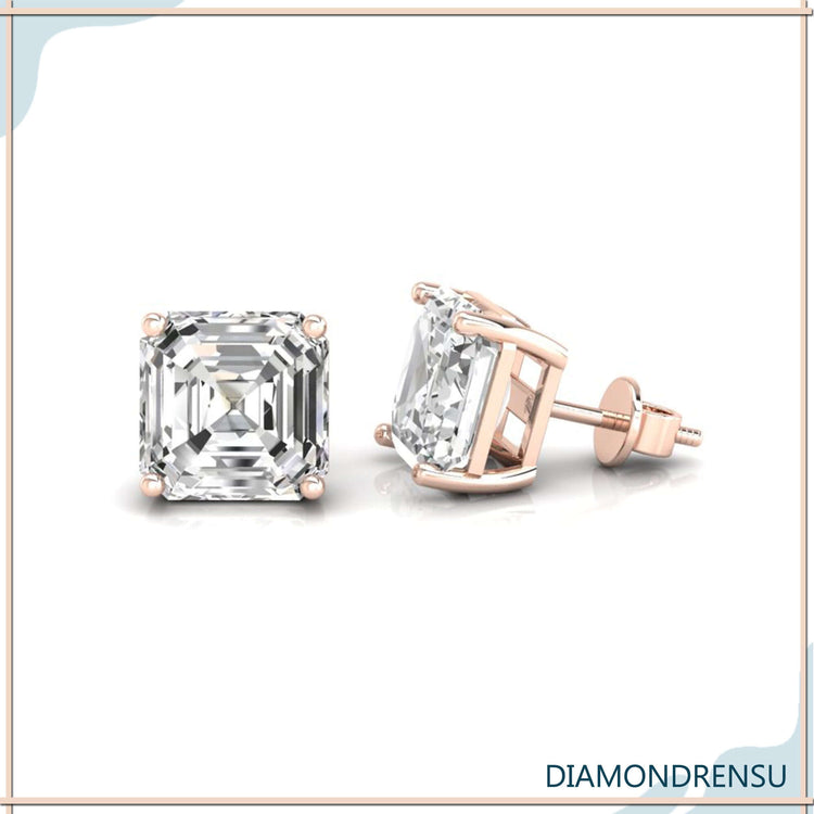 Gold wedding earrings with asscher cut diamonds, offering a touch of luxury for special occasions.
