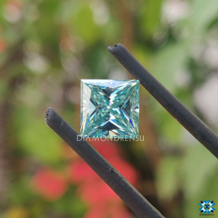 Cyan blue princess cut included under 1.75 carat moissanite and buy moissanite stone.
