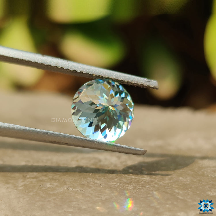Antique cyan blue Portuguese cut featured in loose moissanite form.
