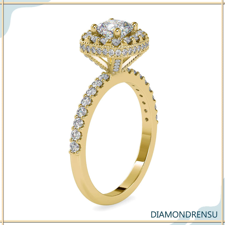 Cushion cut diamond halo pave ring with a double halo and handmade craftsmanship.