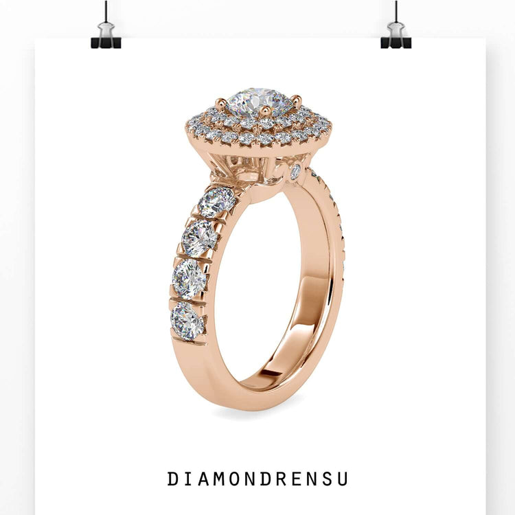 Pave engagement ring with round diamond and handmade jewelry
