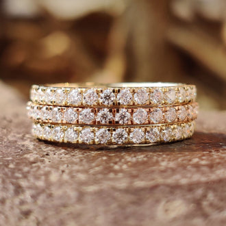 Eternity wedding band with round brilliant cut moissanite.