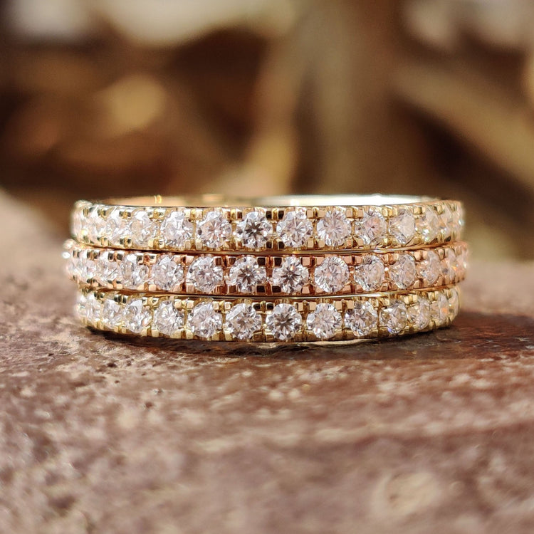 Eternity wedding band with round brilliant cut moissanite.