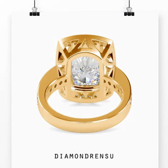 Handcrafted diamondrensu engagement ring featuring an IGI certified elongated cushion cut.