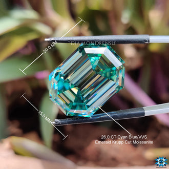 Loose moissanite listed as moissanite emerald cut and cyan blue moissanite.
