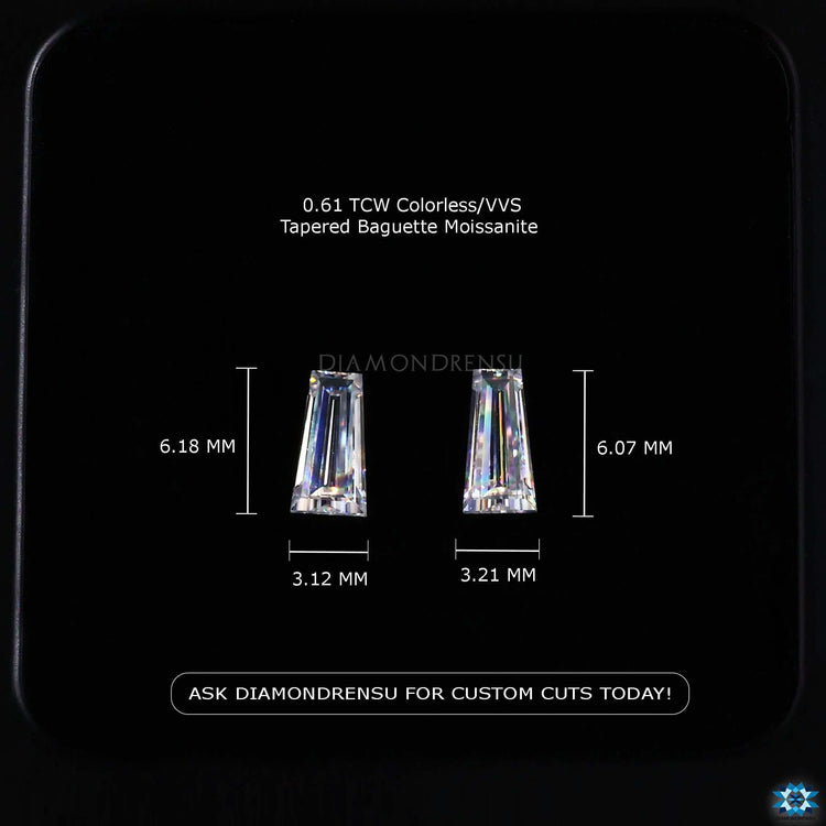 Loose moissanite stones in baguette shape for custom design.
