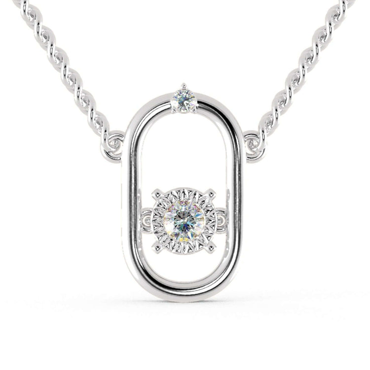 The round diamond pendant shines with brilliant sparkle.
