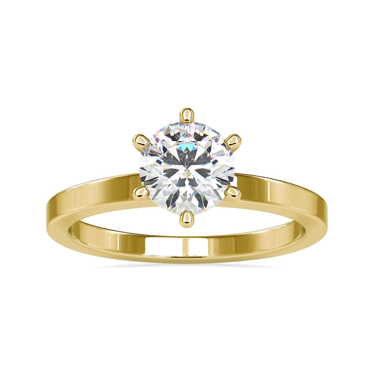 Round brilliant engagement ring with a solitaire cut diamond and a sleek 6 prong ring setting.