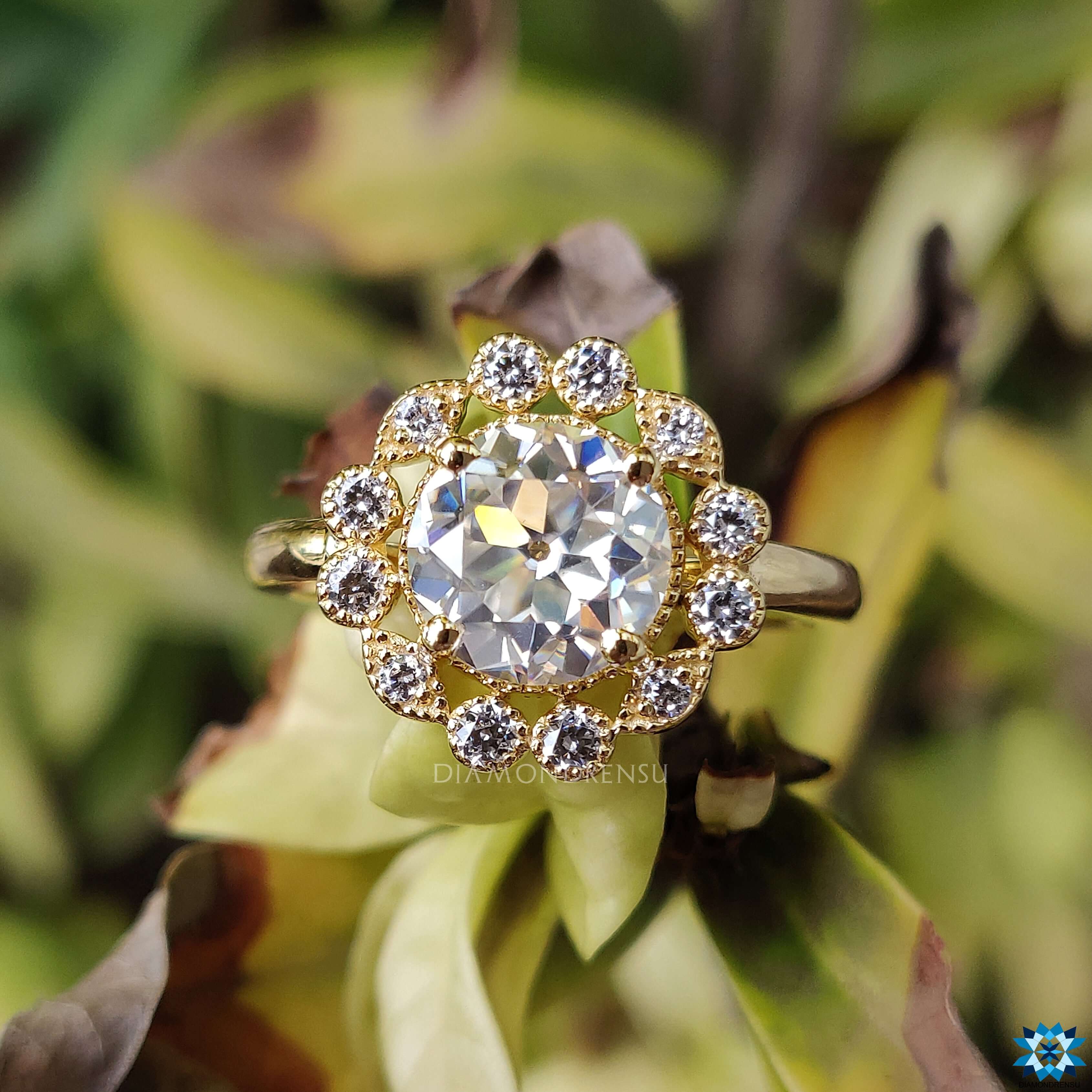 Round OEC Halo Engagement Ring - Unique Floral Style Wedding Ring
