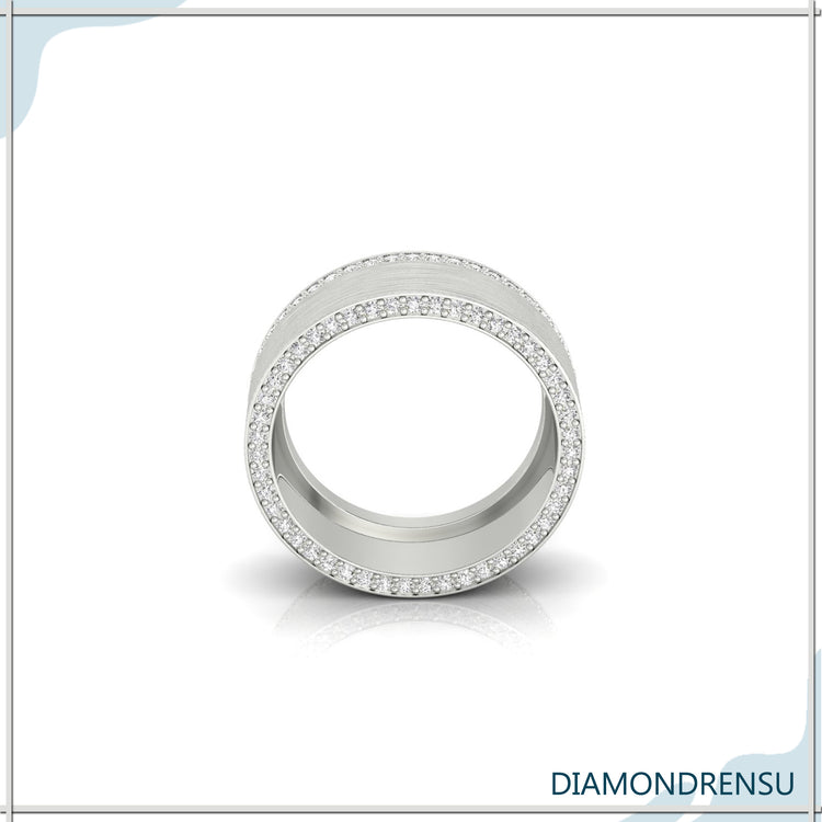 Pave setting wedding band with handcrafted detail.
