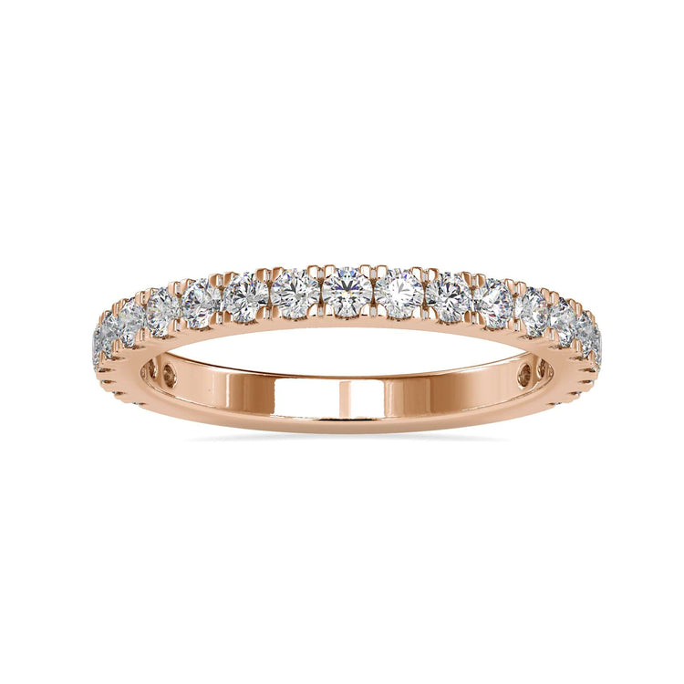 Gold pave band with prong tabs setting and round brilliant cut diamonds.
