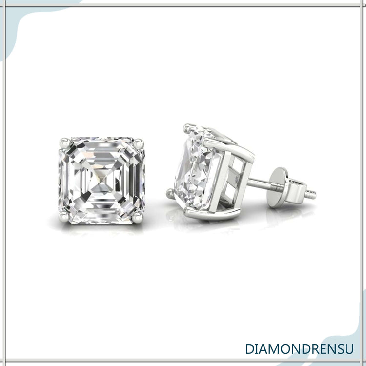 Timeless asscher diamond earrings with a four prong basket setting for secure wear.
