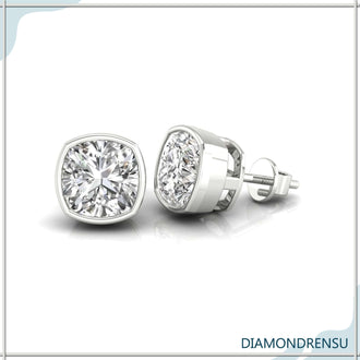 Handmade cushion cut earrings diamond with a bezel setting, designed for everyday elegance.
