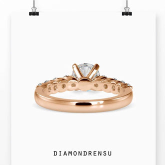 Handcrafted diamondrensu engagement ring with a round diamond, pave setting, and igi certified diamond.