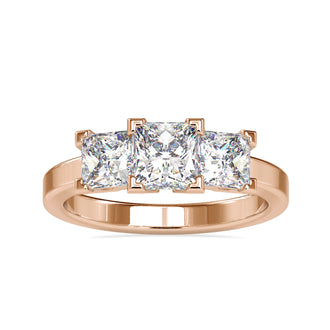 Rose gold princess cut diamond engagement ring with three stone design
