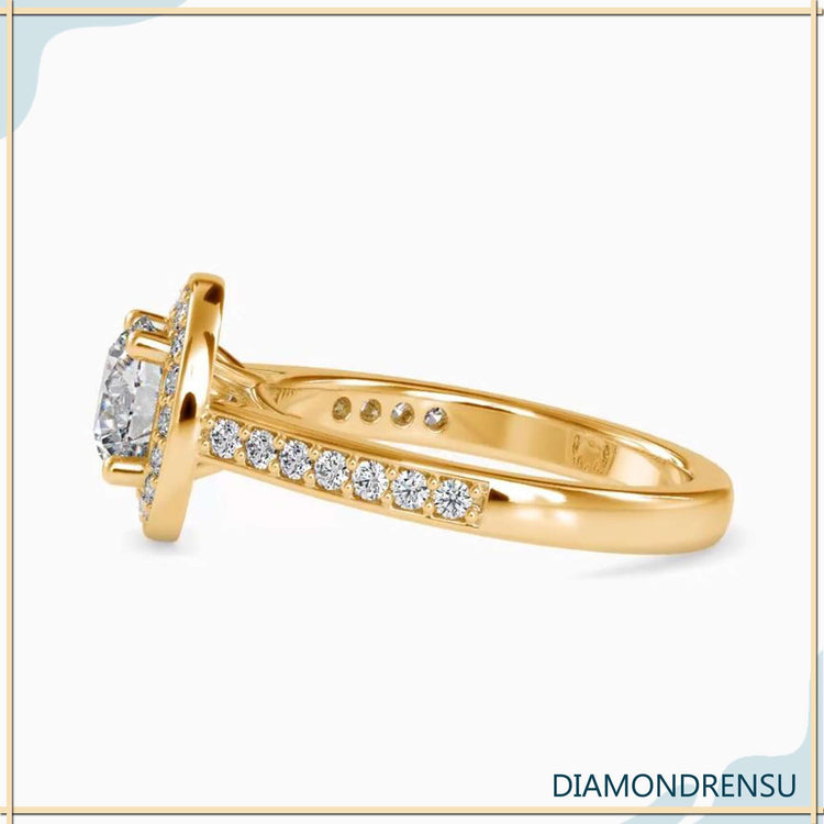 Elegant engagement ring styles halo featuring a round diamond in a prong setting.
