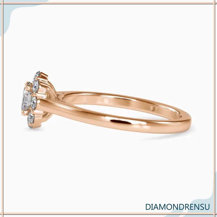 Diamond halo cluster ring in white gold with a handmade design