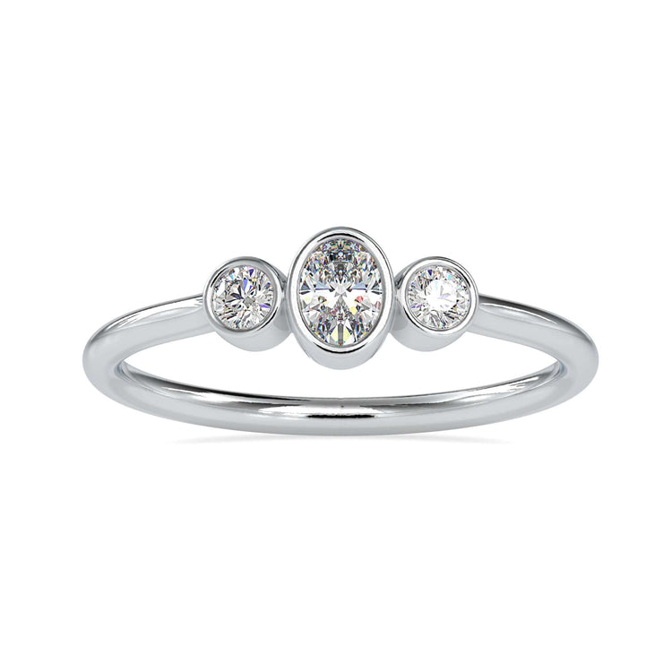 3 carat oval diamond ring in a white gold bezel setting design
