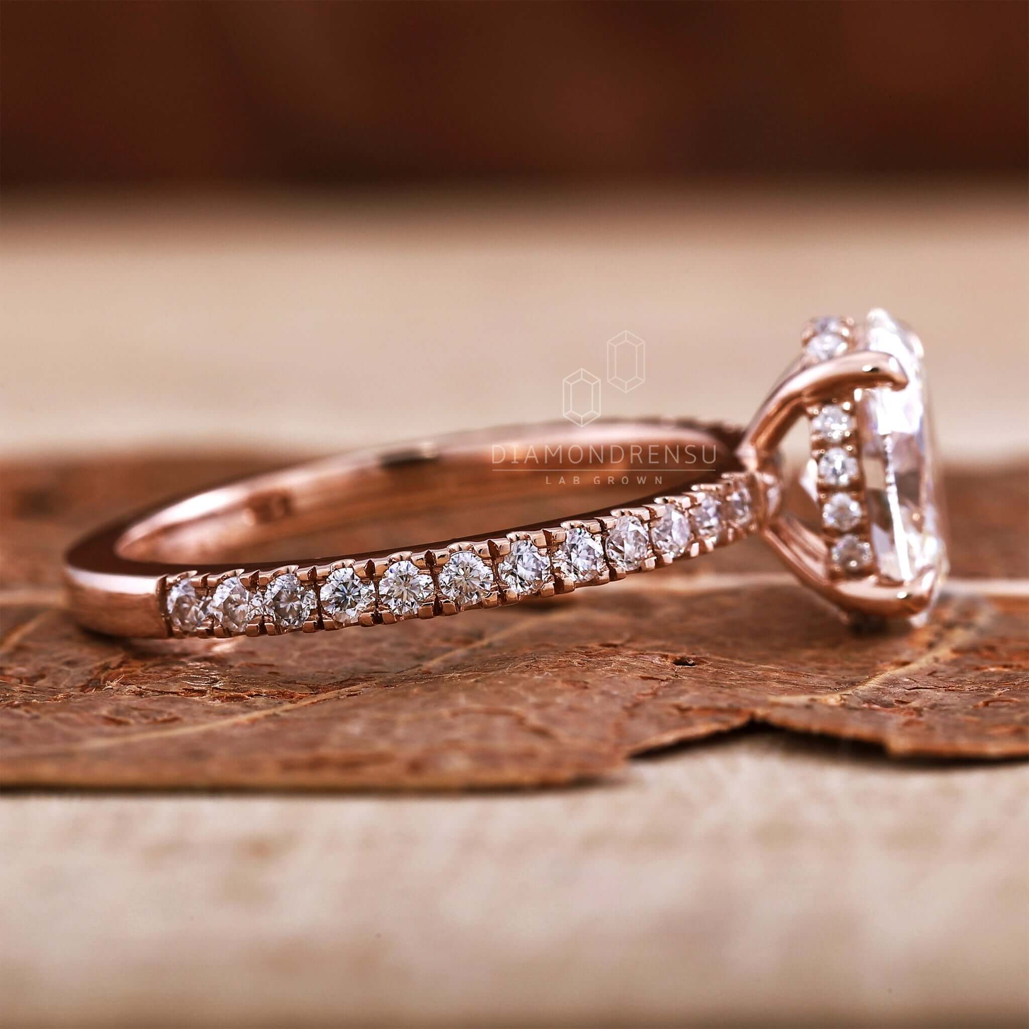 Marquise Lab Grown Diamond Engagement Ring Rose Gold Halo Pave Ring