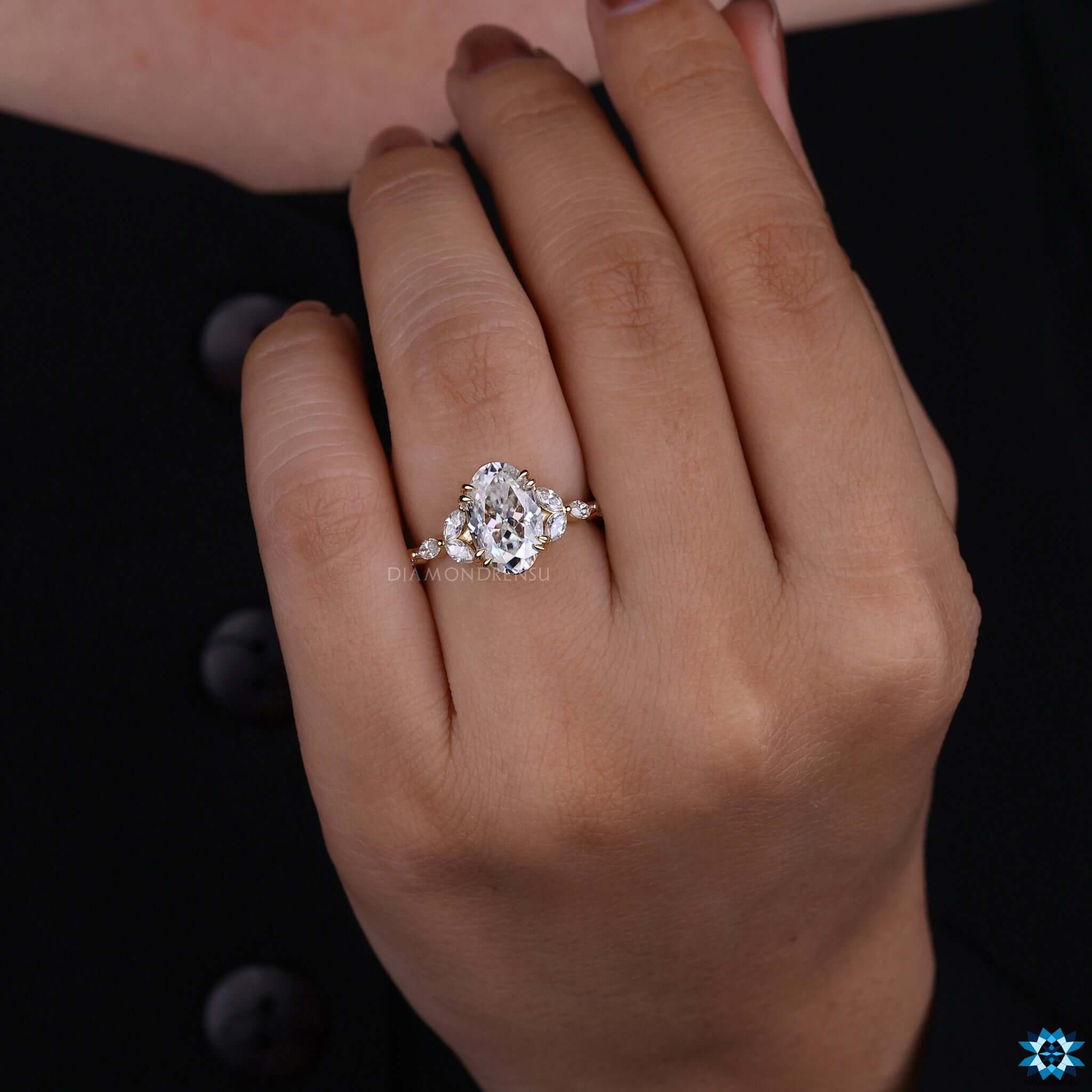 Oval cut moissanite ring showcased on a graceful hand