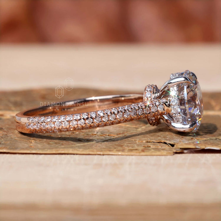 3 sided pave engagement ring with sparkling diamonds.
