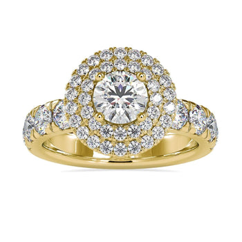 Double halo engagement ring with 2 carat round diamond center
