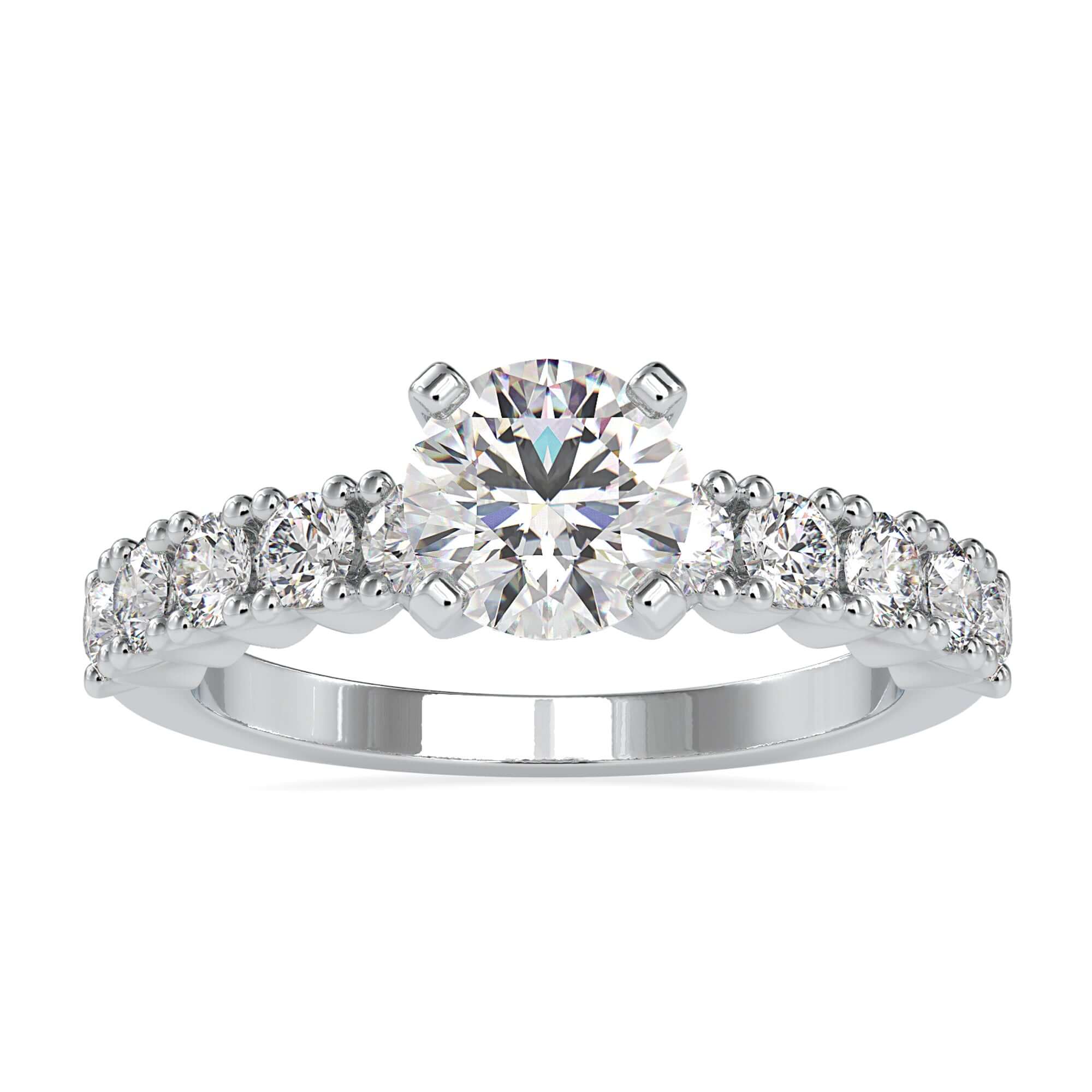 Timeless 4 prong diamond ring with a pave band and IGI certified diamond.
