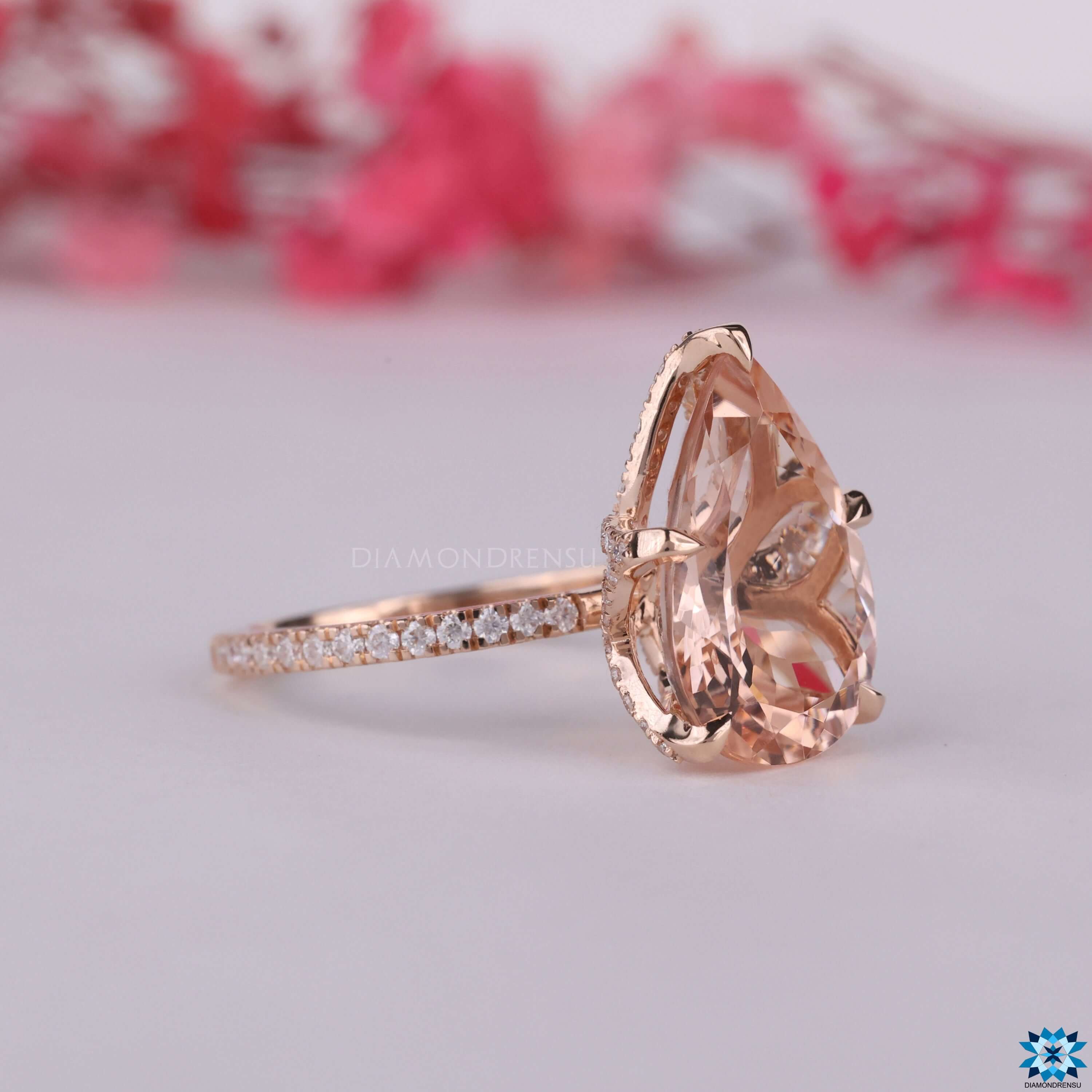 Cushion Cut Morganite Halo Engagement Ring in Rose Gold | Ken & Dana