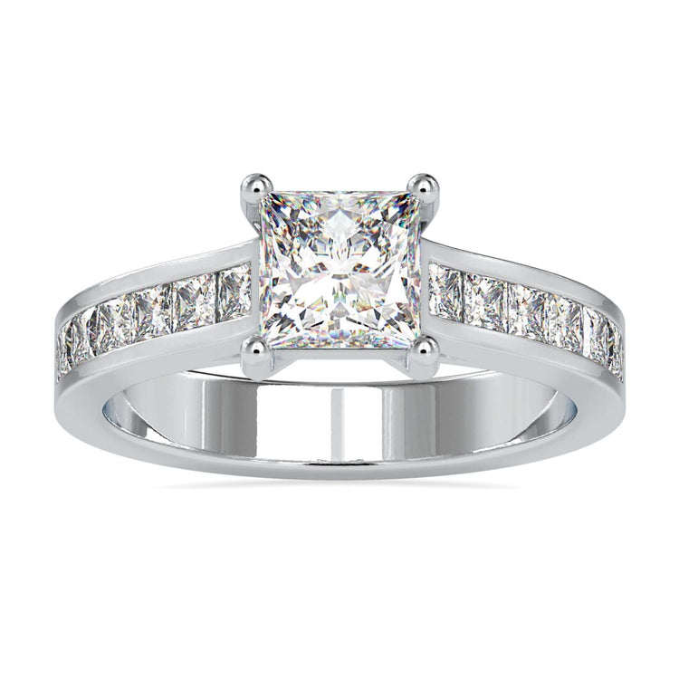 Channel set engagement ring with 2 ct princess cut diamond in white gold
