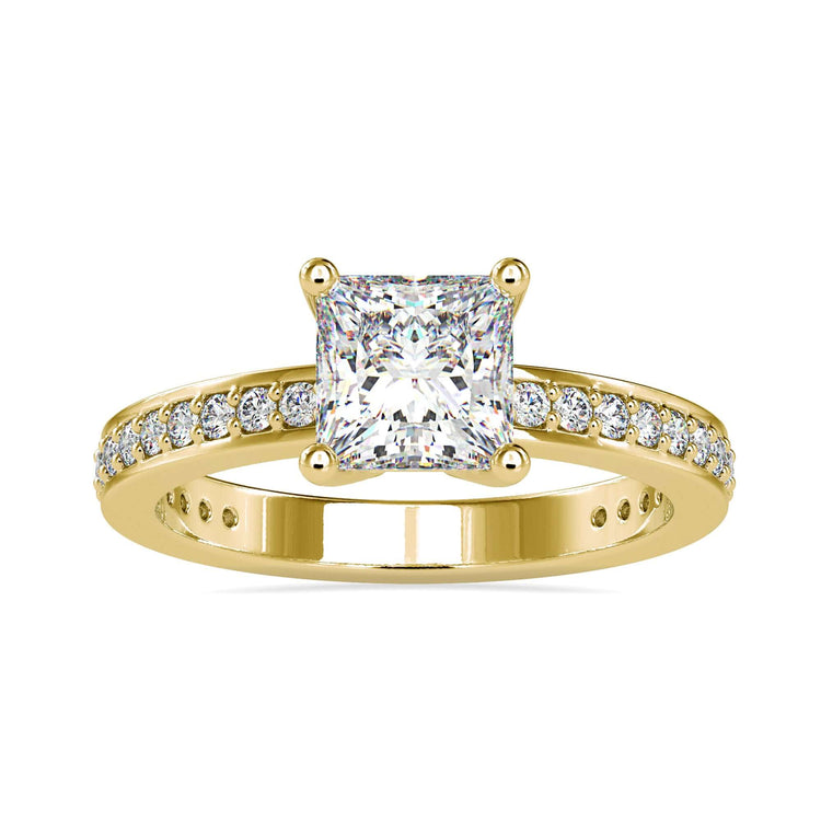 Diamond pave ring in white gold featuring a princess cut diamond
