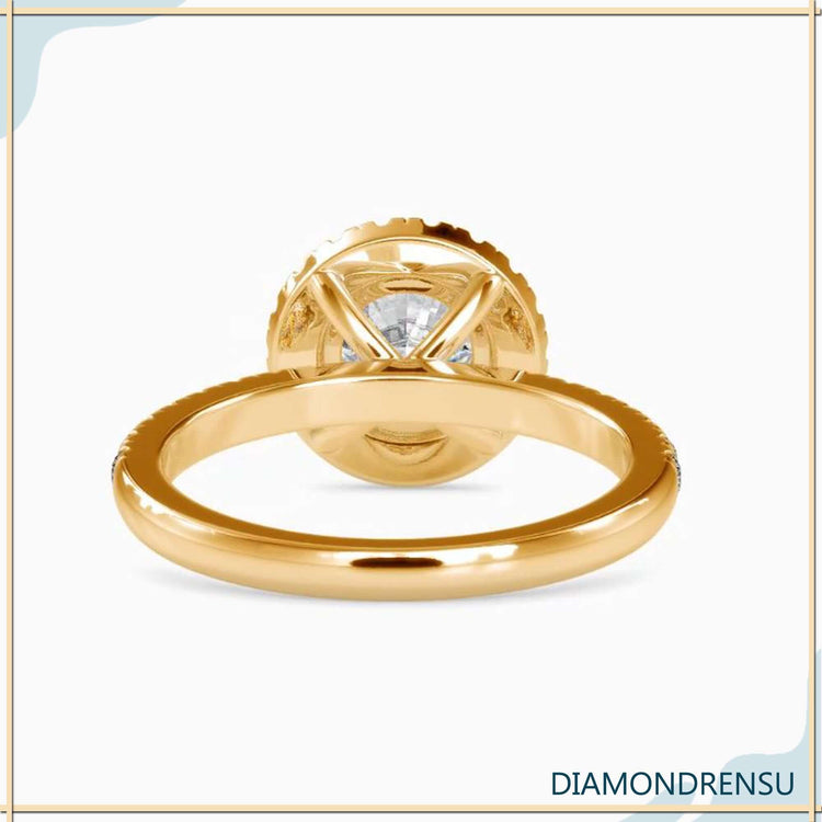 Halo setting for round diamond with a pave engagement ring and handmade craftsmanship.
