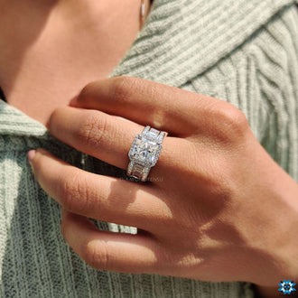 Radiant halo engagement ring featuring elegant princess cut accents
