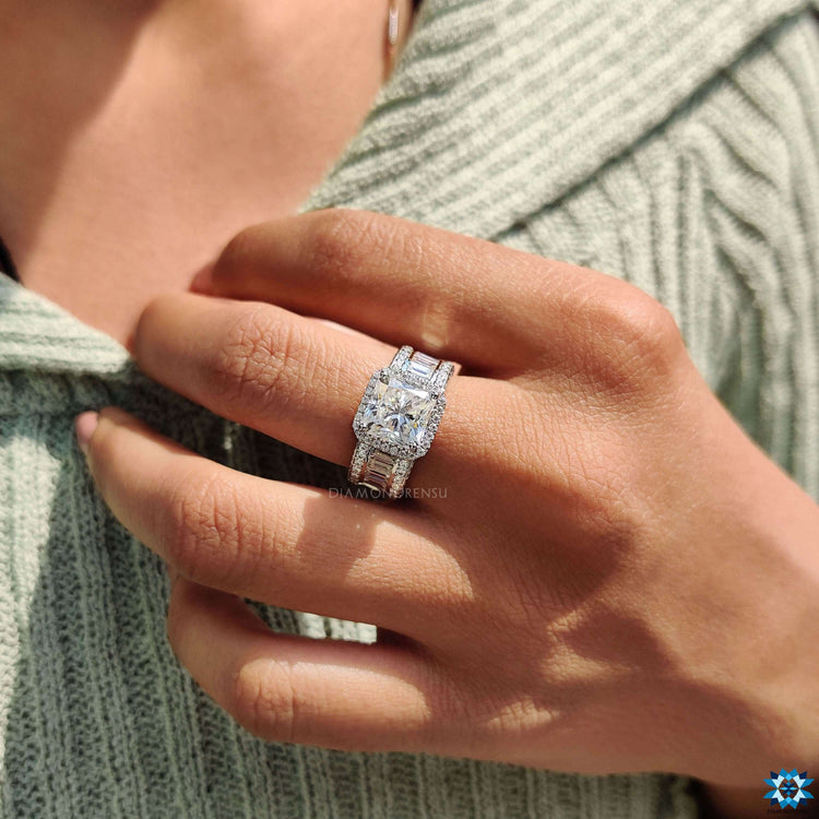 Radiant halo engagement ring featuring elegant princess cut accents

