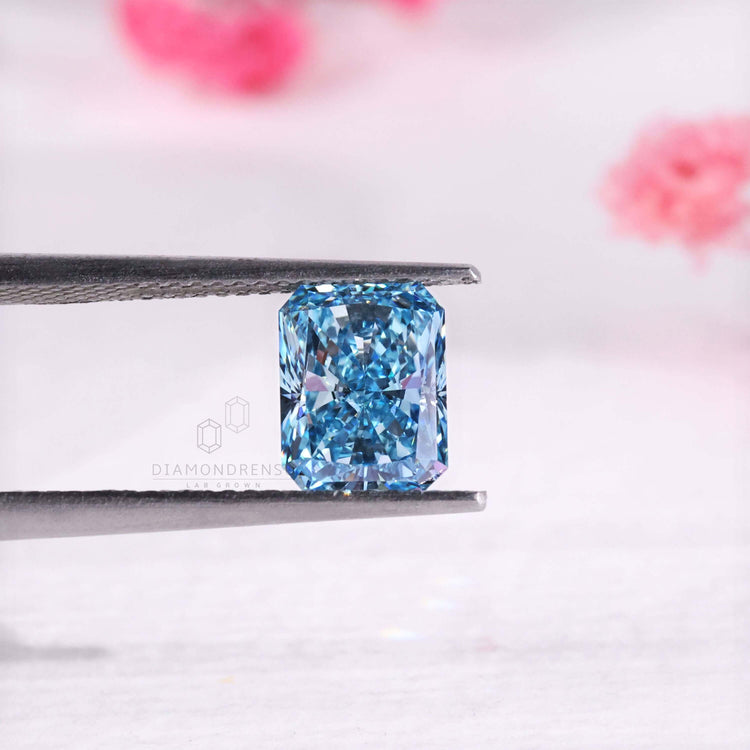 Certified loose blue radiant cut lab grown diamond.
