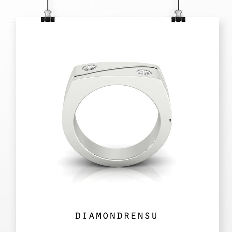 Mens gold wedding band with two stones, IGI certified diamonds.
