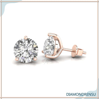 Radiant 3 prong diamond studs made with Lab Grown Diamond, IGI certified for sustainability.

