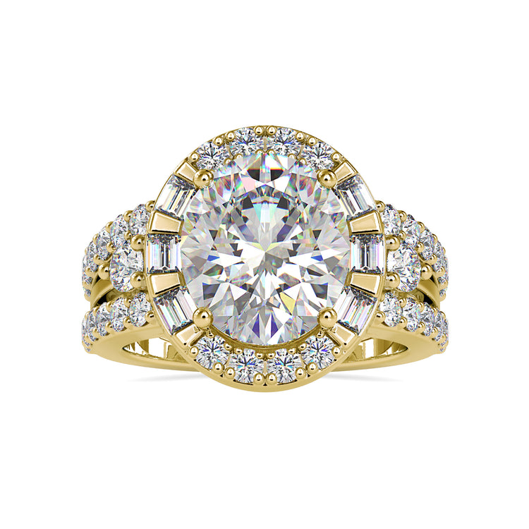 Halo baguette and round diamond engagement ring with an oval center.
