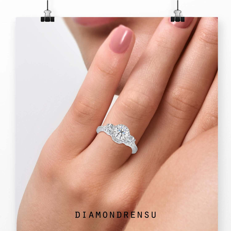 Halo diamond ring round with 4 prong engagement ring setting.
