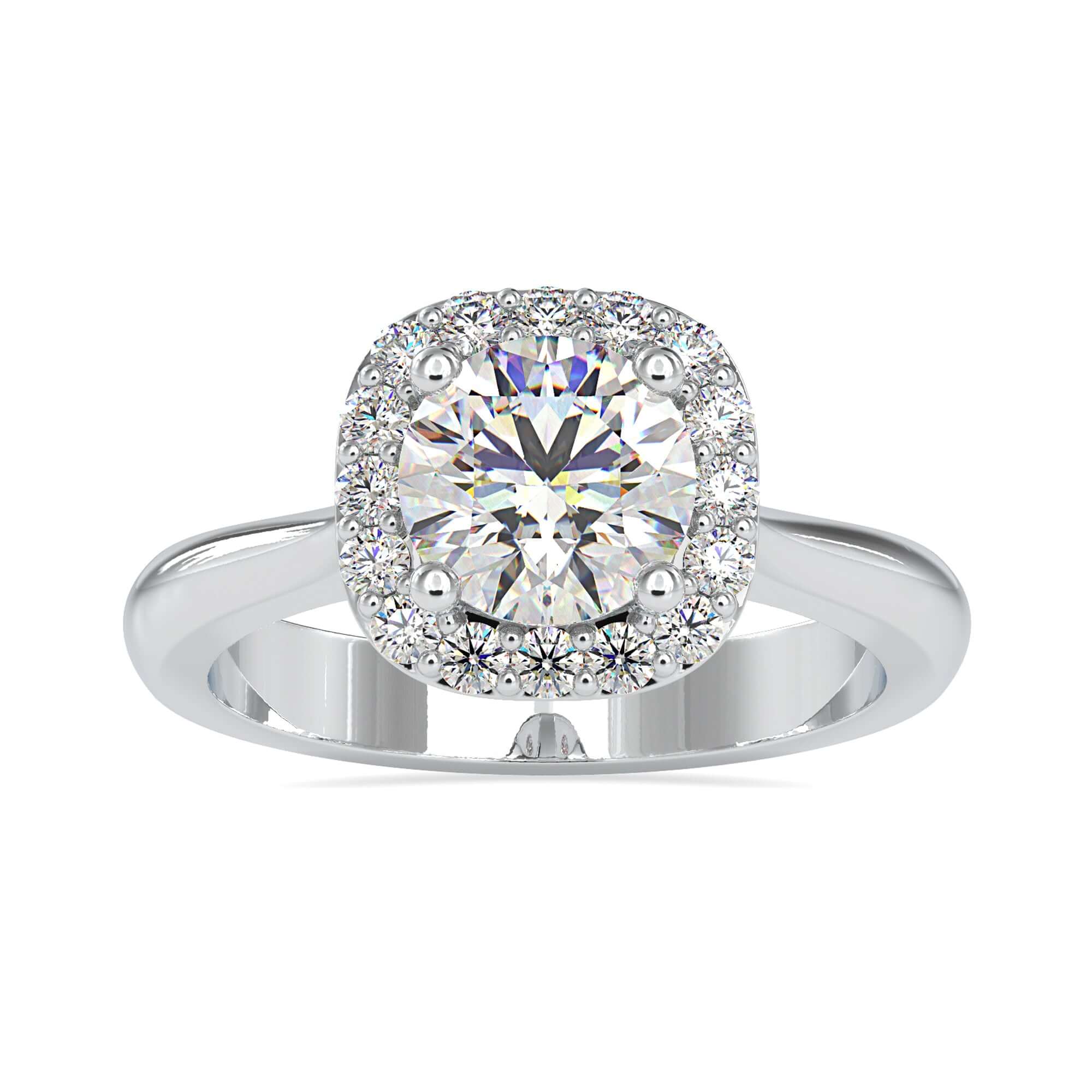 Classic halo ring design featuring a round brilliant cut diamond for maximum shine.