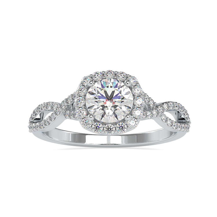 Round ring with a pave twist design and halo engagement setting.
