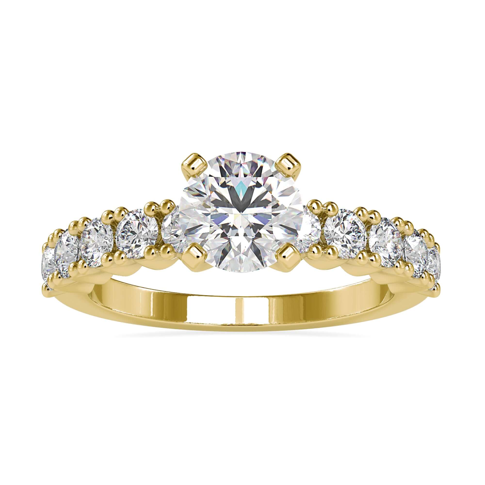 Elegant Pave Band Engagement Ring with a round cut diamond and 4 prong setting.
