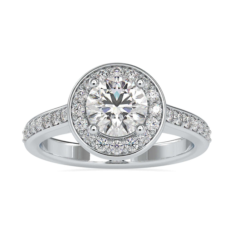 Beautiful cathedral setting ring featuring a halo design with pave accents.
