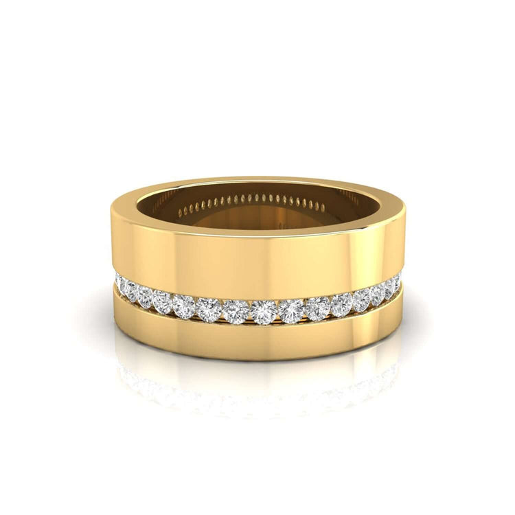 Mens channel set diamond band in yellow gold, handmade jewelry.

