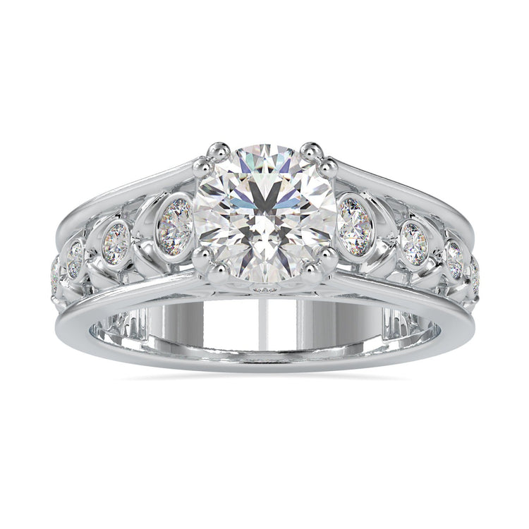 Nature inspired engagement rings featuring a round brilliant cut diamond.
