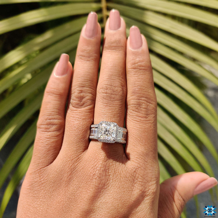 Multi-row pave set ring with a radiant cut moissanite centre stone

