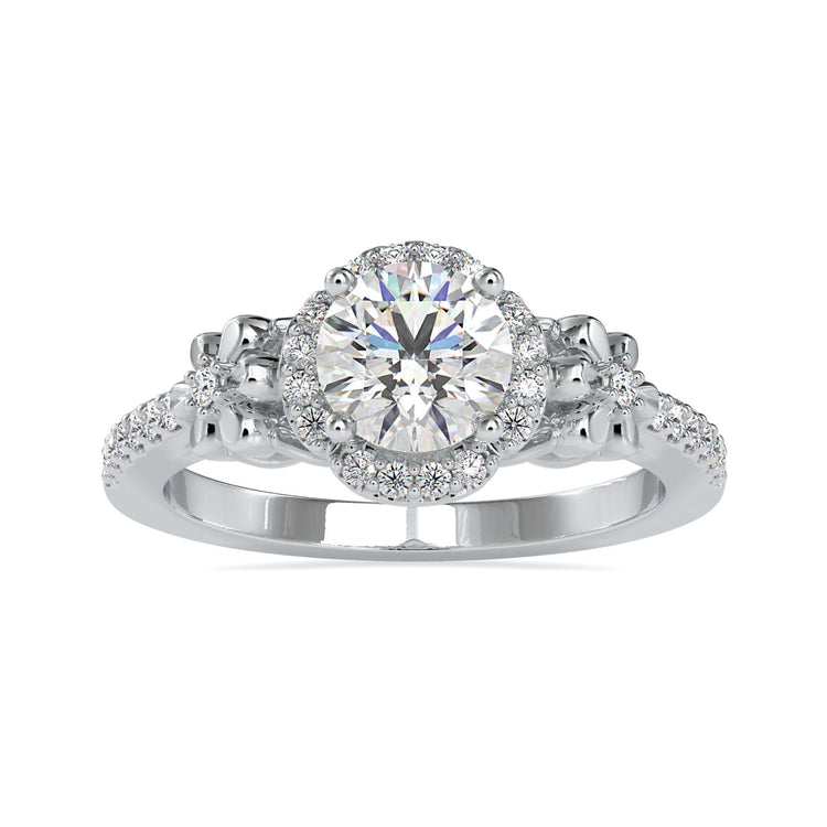 Engagement ring with pave setting and floral halo design.

