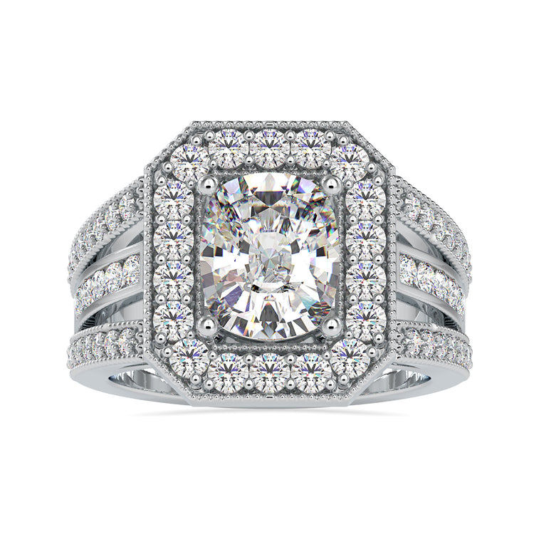 Lab grown diamond engagement ring in a yellow gold split shank setting.
