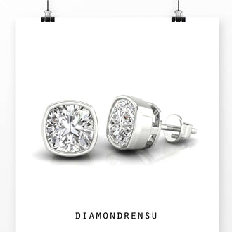 Dazzling cushion cut earrings diamond in a bezel setting, handmade for added elegance.
