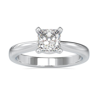 Princess cut diamond ring with a tapered shank in white gold setting
