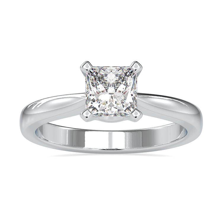 Princess cut diamond ring with a tapered shank in white gold setting
